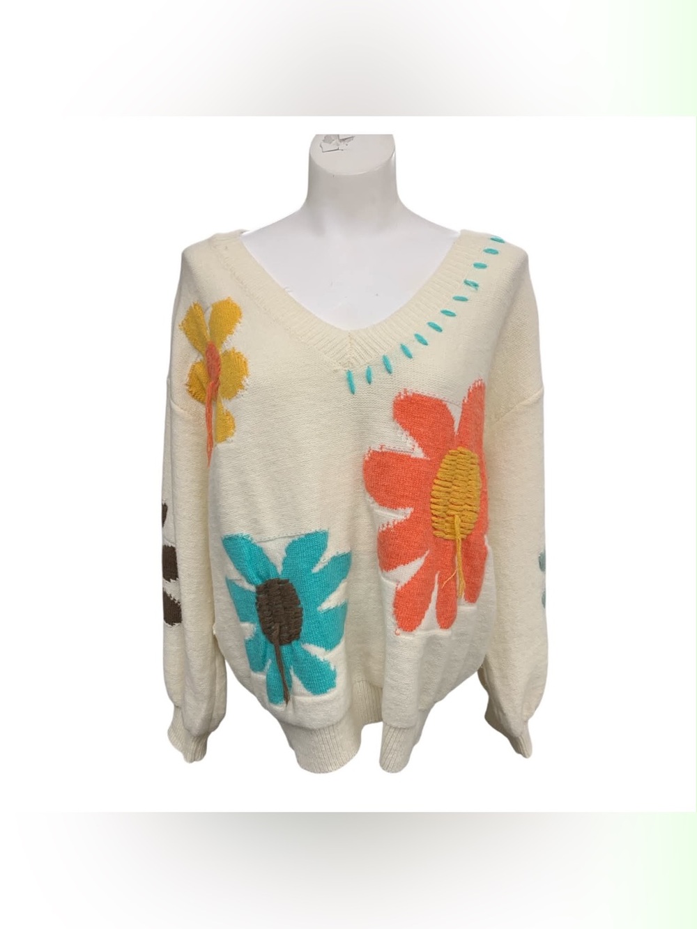 POL Cream V-Neck Sweater with Orange, Teal & Yellow Floral Motifs Size L